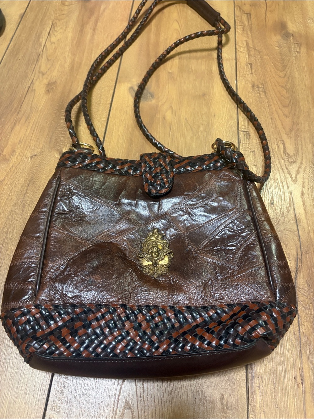 Vintage Sharif Brown Braided Leather Shoulder Bag with Gold Emblem